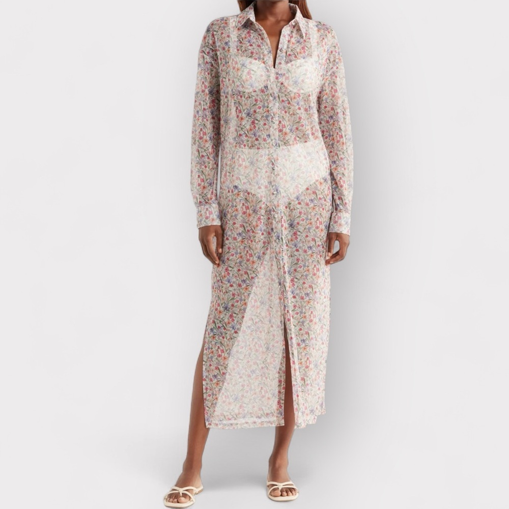 Hutch | Long Sleeve Coverup | Shirt Dress | Sheer Floral Button Up | Women’s M